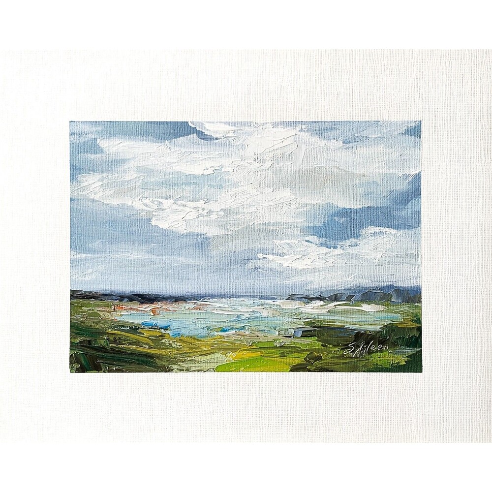 8x10 Original Oil Seascape Painting Clouds Land Water Impressionist Art Signed